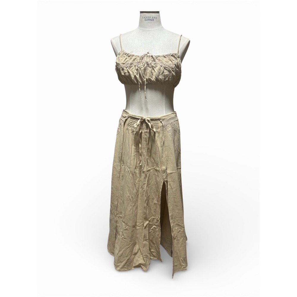 Free‎ People The Prettiest Set  Boho Crop Top Maxi Skirt Lace Slit S - Picture 2 of 9